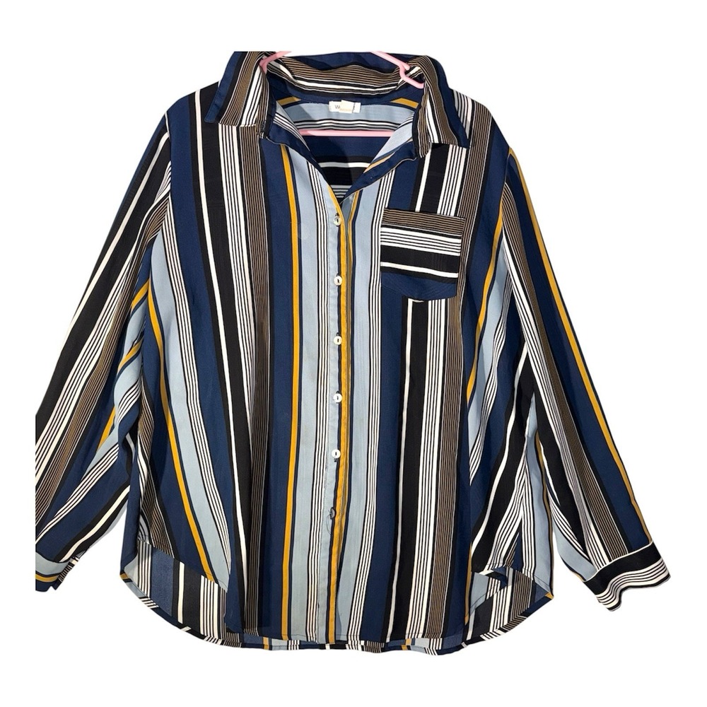 Westport Woman's Plus 1X Multi Color Navy Blue Striped Front Button Blouse